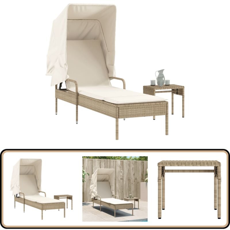Chaise longue avec auvent et table beige résine tressée - Chaises Longues - Bains De Soleil - Mobilier De Jardin - Chaises Longues Pliantes - Meubles