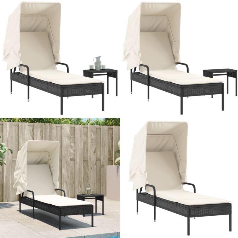 Chaise longue avec auvent et table noir résine tressée - Chaises Longues - Bains De Soleil - Mobilier De Jardin - Chaises Longues Pliantes - Résine
