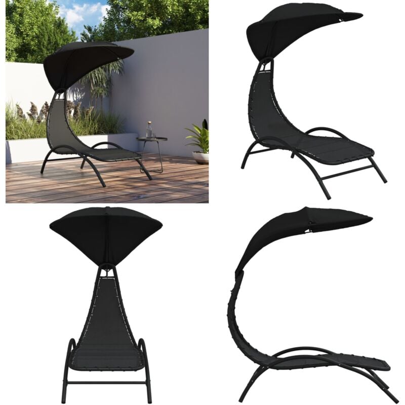 Chaise longue avec auvent noir 167x80x195 cm tissu et acier - Chaises Longues - Transats - Mobilier De Jardin - Chaises Extérieures - Relax - Home &