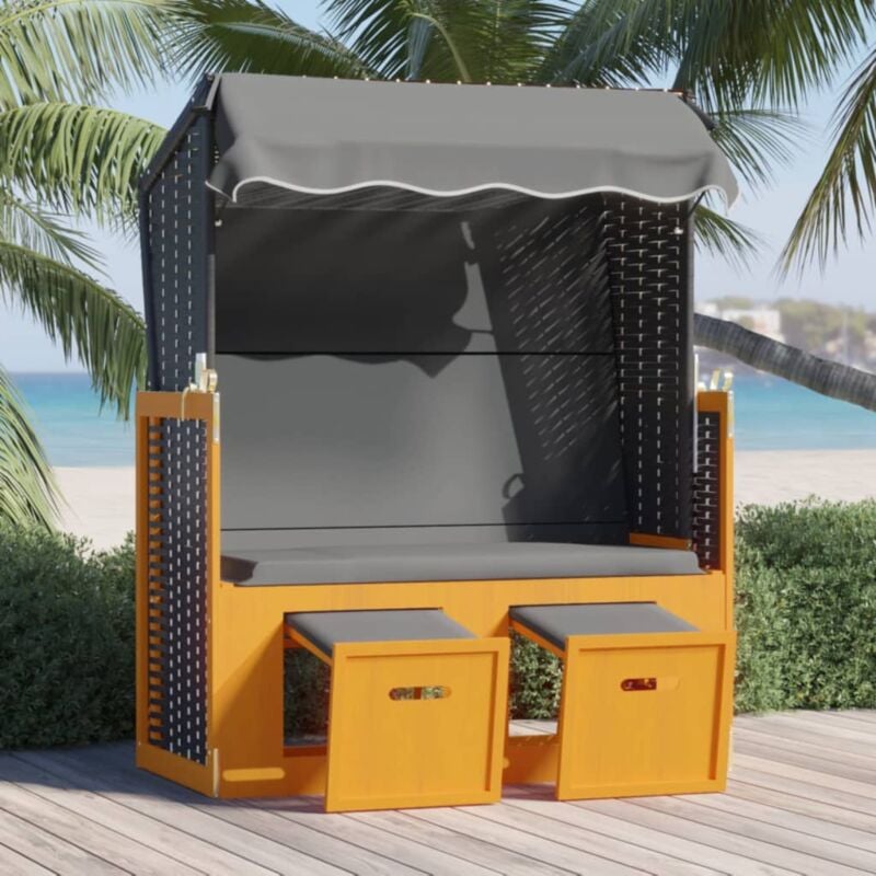 Design In - Chaise longue avec auvent, Strandkorb Fauteuil Relax, pour Jardin Balcon Camping, avec auvent Résine tressée et bois solide Anthracite