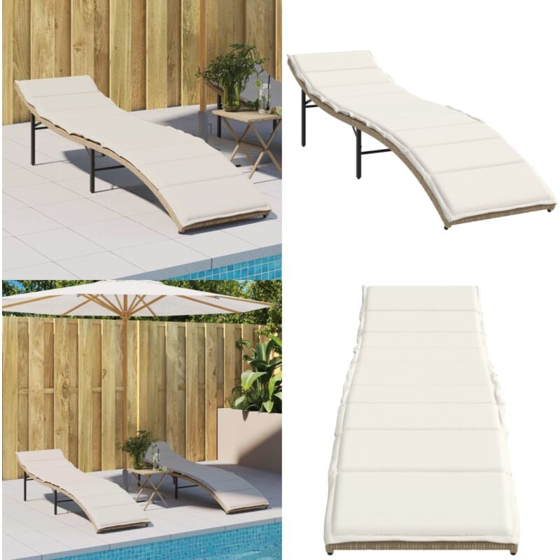 Chaise longue avec coussin beige 55x199x50 cm résine tressée - Chaise Longue - Fauteuil De Jardin - Transats - Salon De Jardin - Mobilier Extérieur