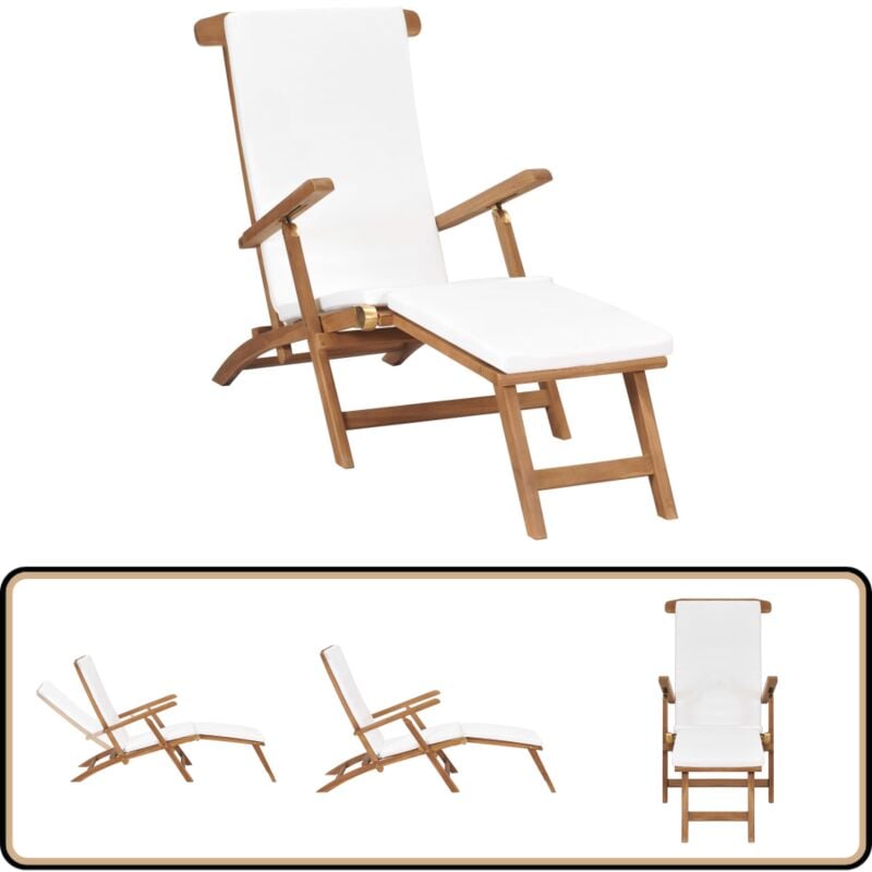 Chaise longue avec coussin Blanc crème Bois de teck solide - Chaises Longues - Mobilier De Jardin - Transats - Chaises Pliantes - Bain De Soleil