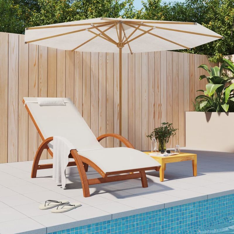 Design In - Transat de Jardin Bain de soleil Chaise Longue avec coussin blanc textilène/bois massif peuplier vidaXL