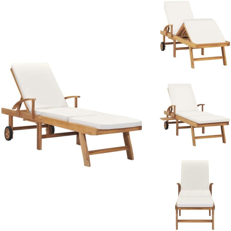 Chaise longue avec coussin Bois de teck solide Crème - Chaise Longue - Bain De Soleil - Mobilier De Jardin - Jardin - Terrasse