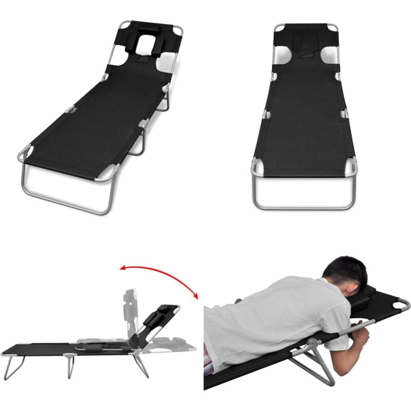 Chaise longue avec coussin de tête Acier enduit de poudre Noir - Chaise Longue - Transat - Mobilier De Jardin - Chaises Longues - Relax - Home &