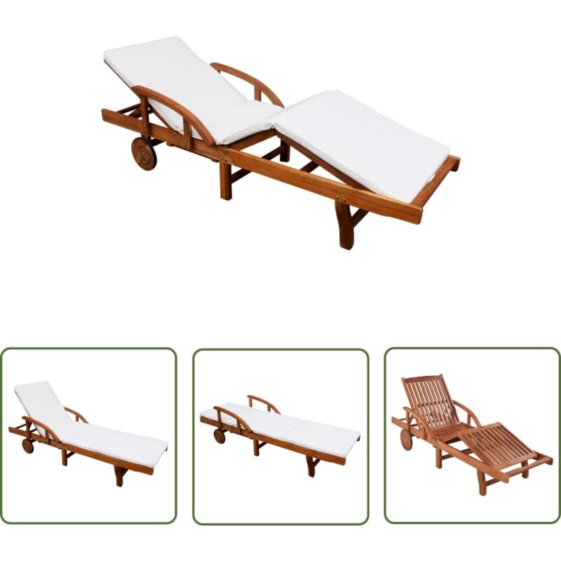 The Living Store Chaise longue avec coussin Bois d'acacia solide - Chaises Longues - Bain De Soleil - Mobilier De Jardin - Chaises Extérieures