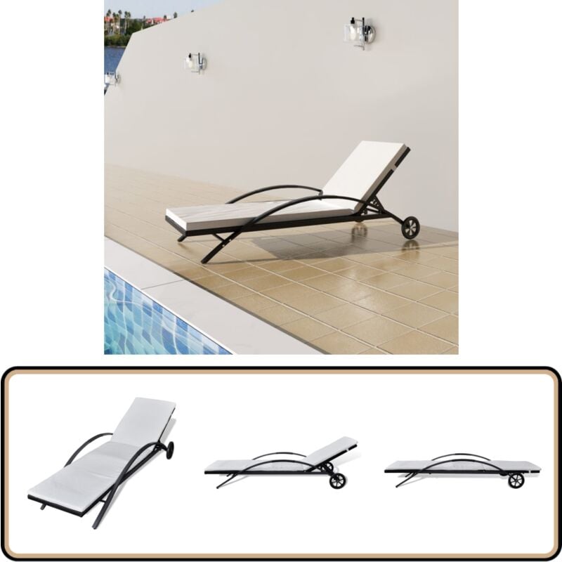 Chaise longue avec coussin et roues Résine tressée Noir - Chaises Longues - Bain De Soleil - Mobilier De Jardin - Chaises Extérieures - Transats