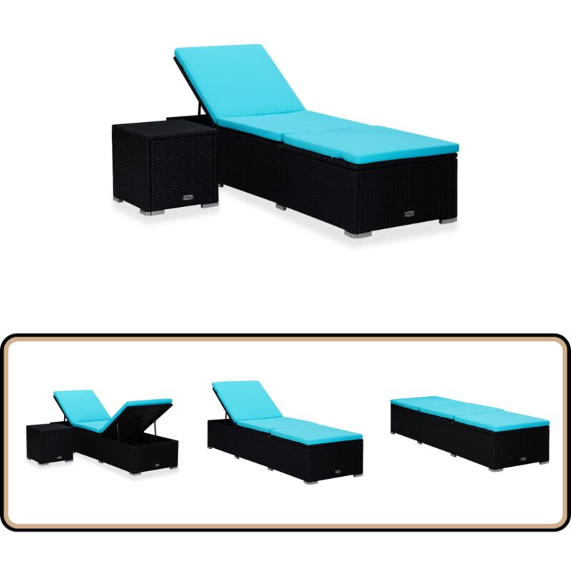Chaise longue avec coussin et table à thé Résine tressée Bleu - Chaises Longues - Bain De Soleil - Mobilier De Jardin - Meubles Extérieur - Chaises