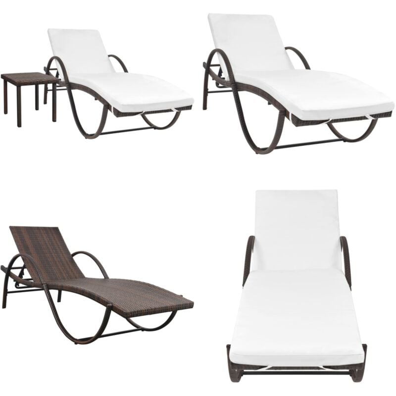 Chaise longue avec coussin et table Résine tressée Marron - Chaises Longues - Mobilier De Jardin - Transats - Bain De Soleil - Résine Tressée - Home