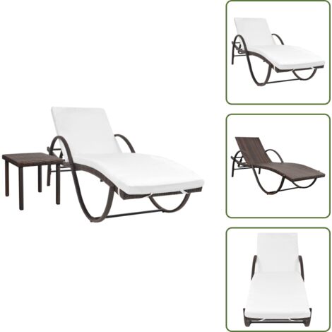 Chaise longue avec coussin et table Résine tressée Marron - Chaises Longues - Mobilier De Jardin - Transats - Bain De Soleil - Résine Tressée