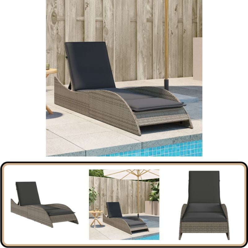 Chaise longue avec coussin gris 60x205x73 cm résine tressée - Chaises Longues - Chaises Longues Pliantes - Transats - Bains De Soleil - Mobilier De