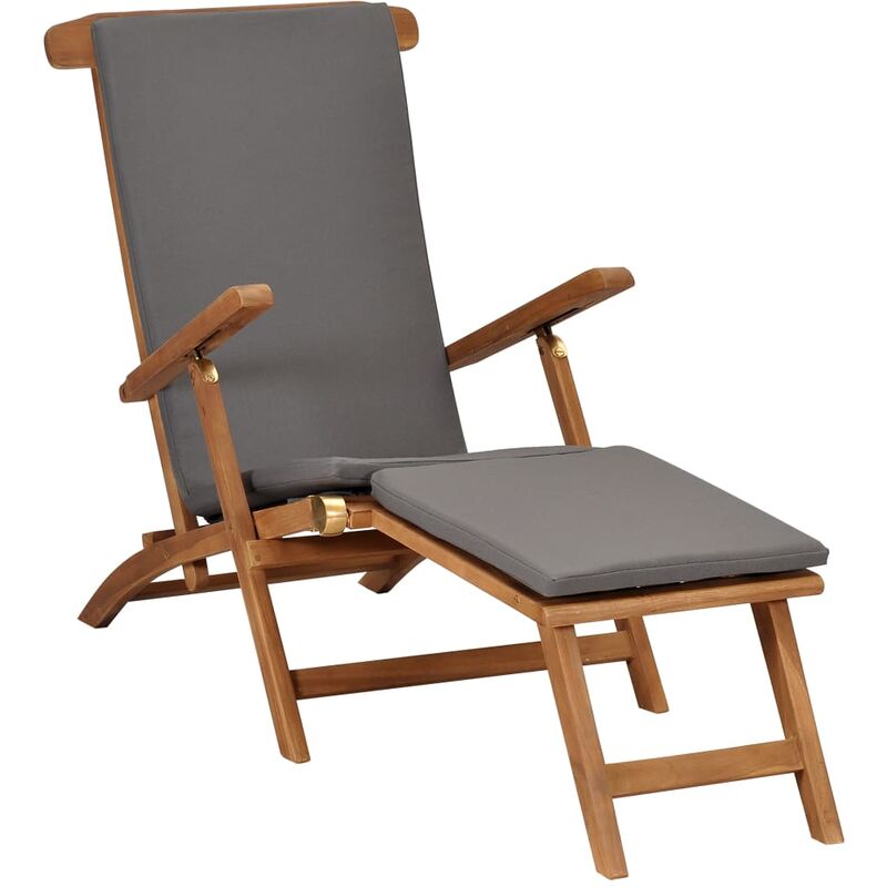 Helloshop26 - Transat chaise longue bain de soleil lit de jardin terrasse meuble d'extérieur 152 cm avec coussin gris foncé bois de teck solide