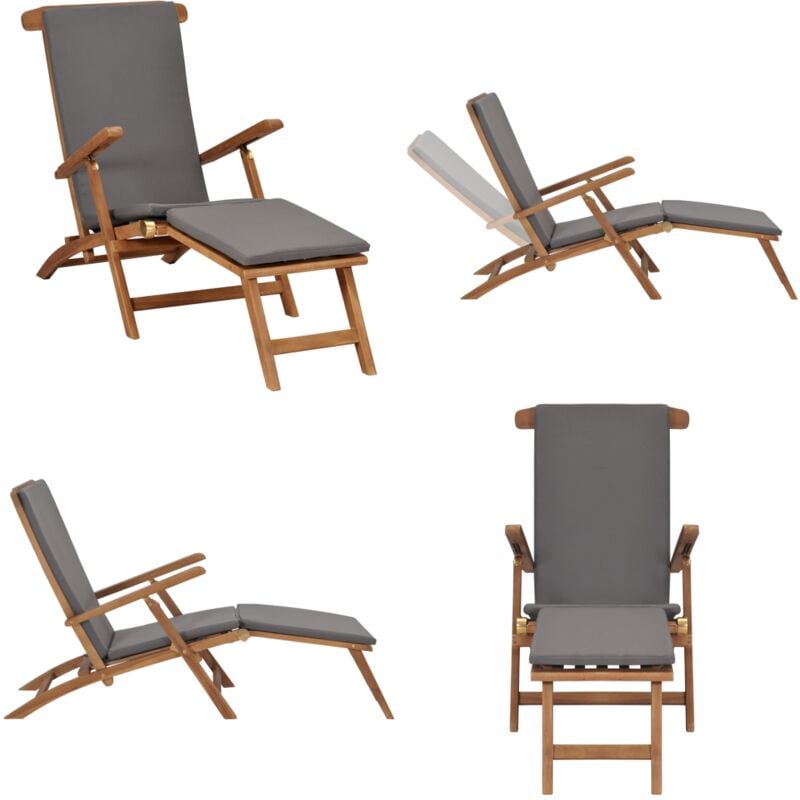 Chaise longue avec coussin Gris foncé Bois de teck solide - Chaises Longues - Mobilier De Jardin - Transats - Chaises Pliantes - Jardin - Home &
