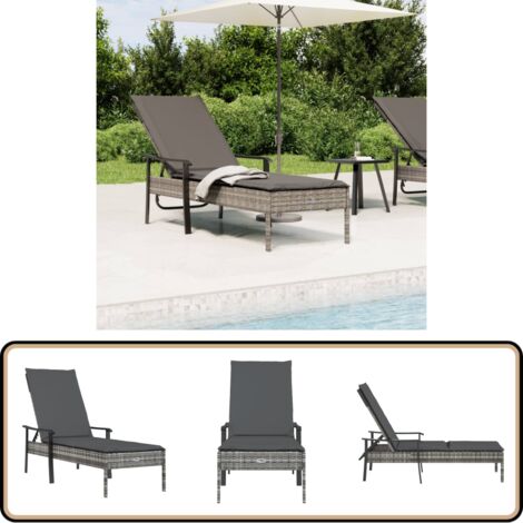 Chaise longue avec coussin gris résine tressée - Chaises Longues - Salon De Jardin - Mobilier De Jardin - Chaises Extérieures - Relaxations