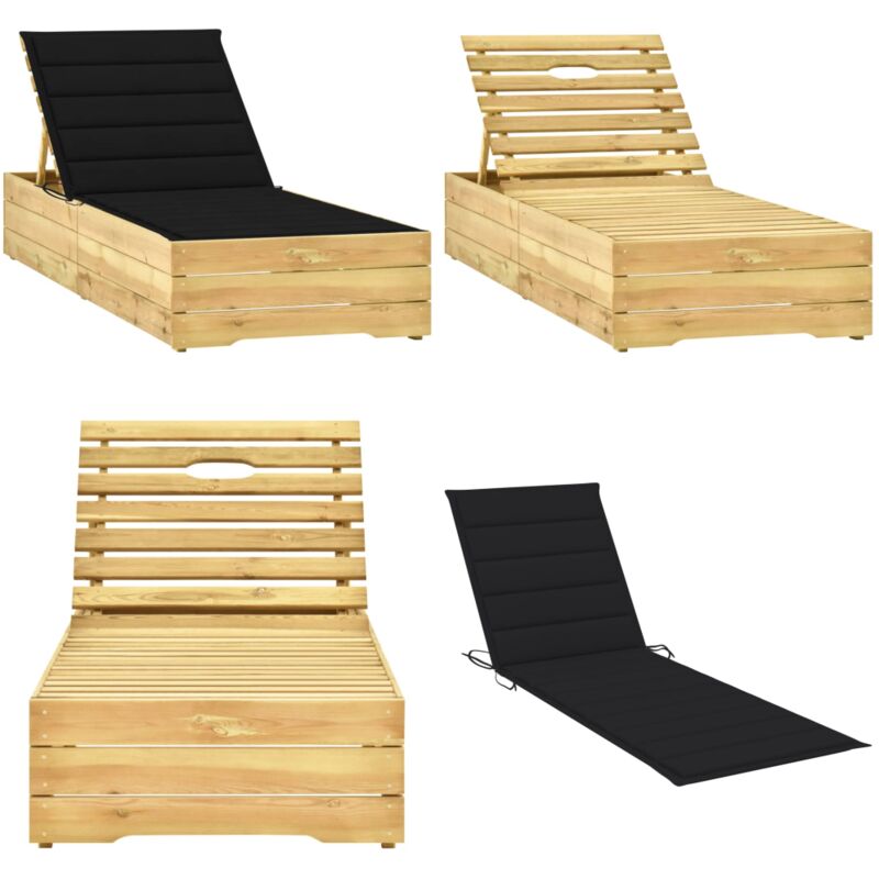 Chaise longue avec coussin noir Bois de pin imprégné - Chaises Longues - Mobilier De Jardin - Transats - Chaises Longues En Bois - Chaise Longue