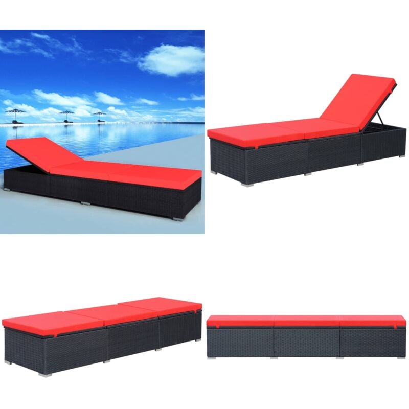 Chaise longue avec coussin Résine tressée Noir - Chaise Longue - Mobilier De Jardin - Transat - Résine Tressée - Chaise Lounge - Home & Living
