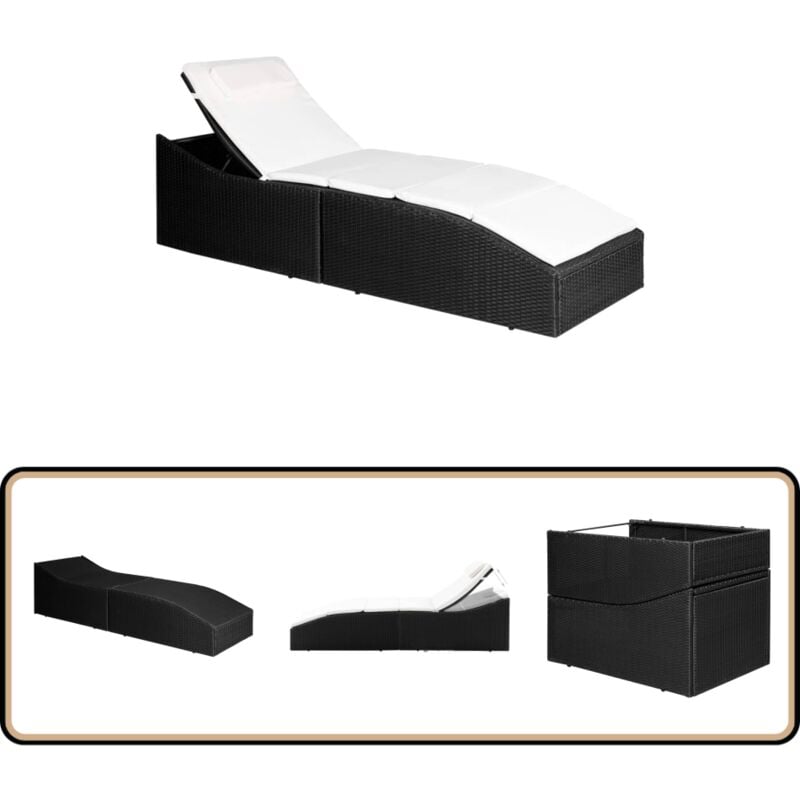 Chaise longue avec coussin Résine tressée Noir - Chaise Longue - Transat - Mobilier De Jardin - Salon De Jardin - Résine Tressée