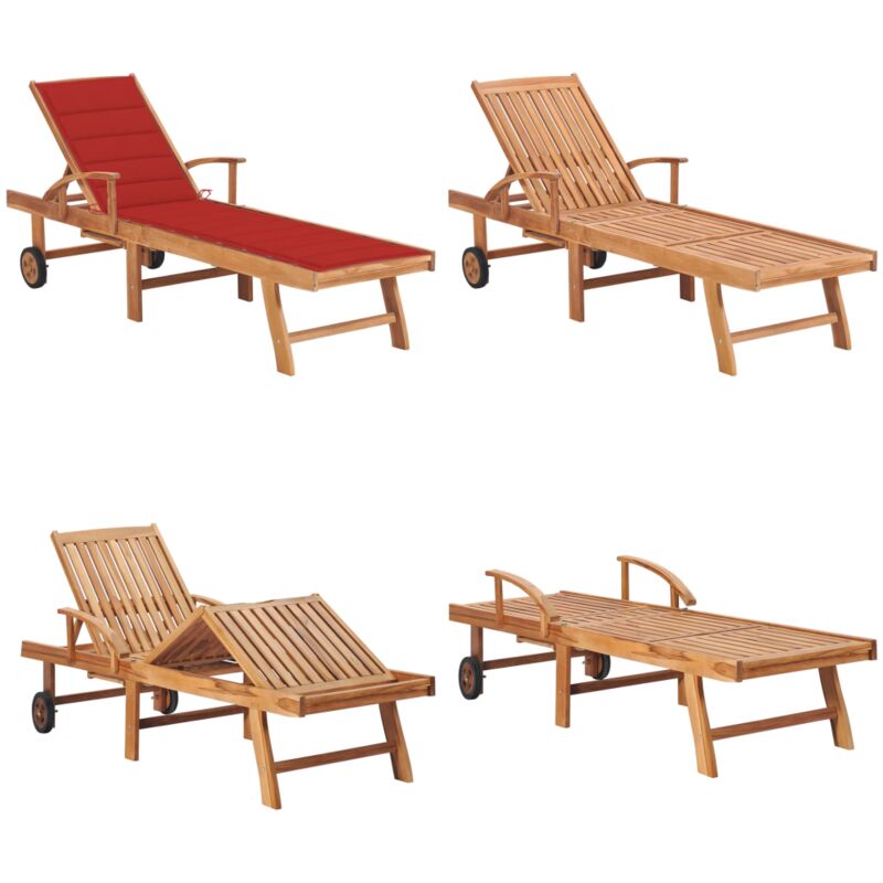Chaise longue avec coussin rouge Bois de teck solide - Chaises Longues - Transats - Mobilier De Jardin - Chaises Longues En Bois - Bain De Soleil