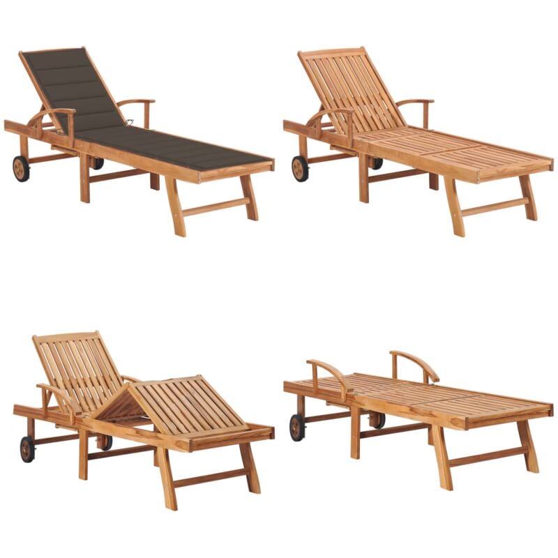 Chaise longue avec coussin taupe Bois de teck solide - Chaises Longues - Chaises Longues En Bois - Mobilier De Jardin - Transats - Salon De Jardin