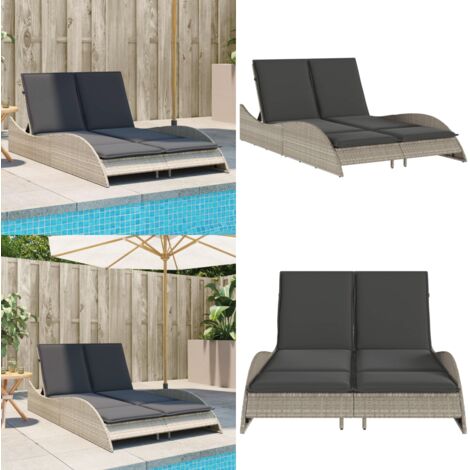 Chaise longue avec coussins gris clair 114x205x73 cm poly rotin - Chaises Longues - Chaises Longues Pliantes - Transats - Lit De Bronzage - Mobilier De Jardin - Home & Living