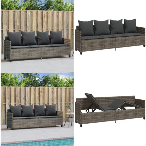 Chaise longue avec coussins gris résine tressée - Chaises Longues - Transats - Lit De Bronzage - Mobilier De Jardin - Chaises Extérieures - Home & Living