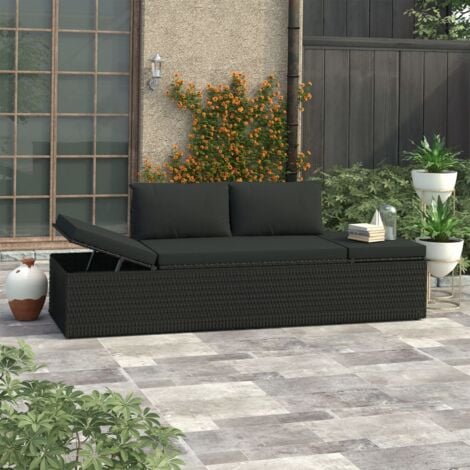 Chaise longue avec coussins Résine tressée Noir vidaXL