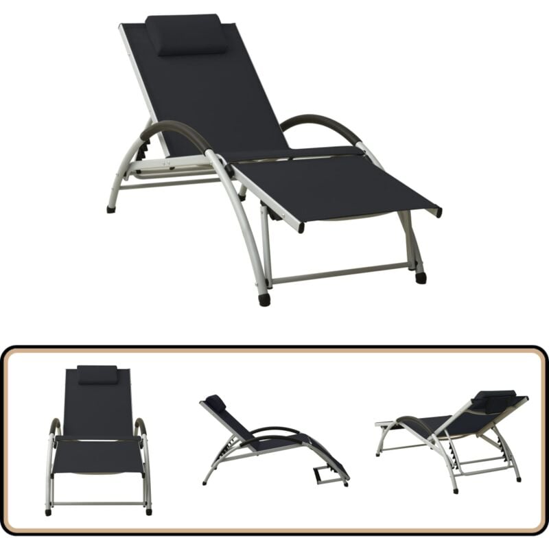 Vidaxl - Chaise longue avec oreiller textilène noir - Chaise Longue - Transat - Mobilier De Jardin - Fauteuil De Jardin - Relax