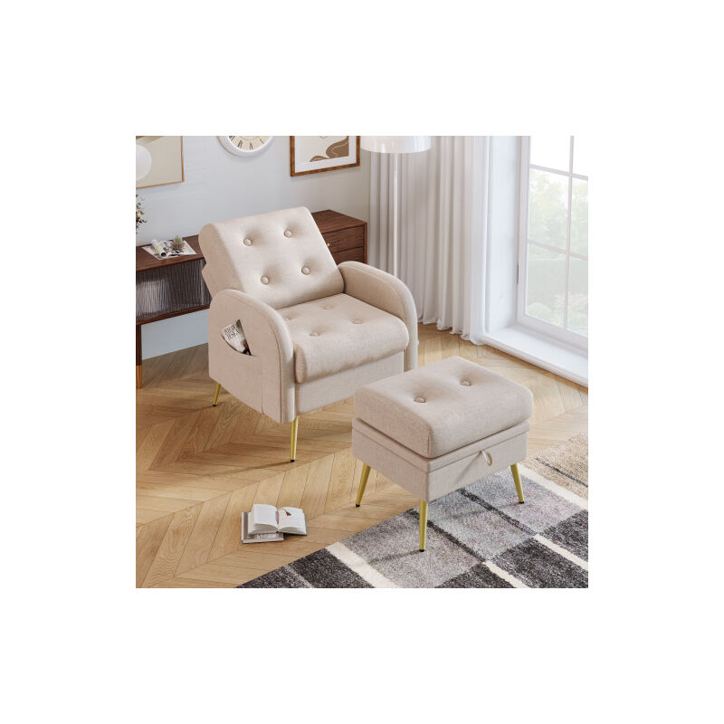 Chaise longue avec repose - pieds, dossier réglable en 3 étapes, inclinable, chaise avec cadre latéral,blanc