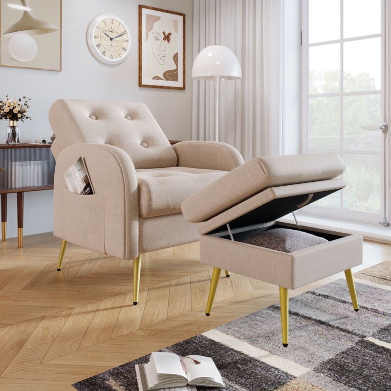 Fauteuil beige avec repose-pieds, fauteuil capitonné avec dossier réglable en 3 positions et poche latéral