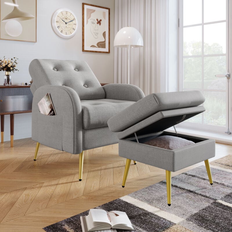 Fauteuil gris avec repose-pieds, fauteuil capitonné avec dossier réglable en 3 positions et poche latéral