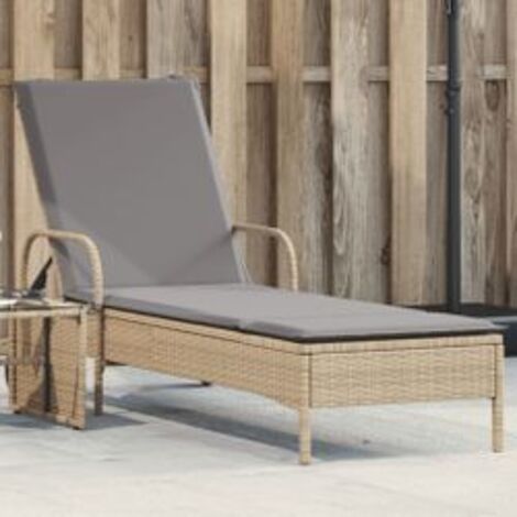 Chaise longue avec roues et coussin beige résine tressée