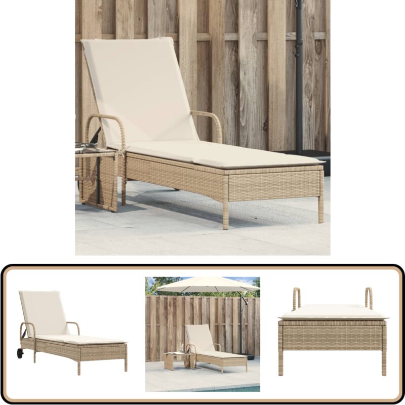 Chaise longue avec roues et coussin beige résine tressée - Chaise Longue - Fauteuil De Jardin - Transat - Lit De Bronzage - Mobilier De Jardin