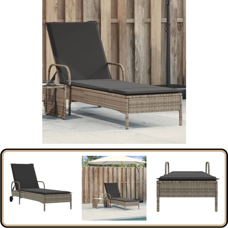 Chaise longue avec roues et coussin gris résine tressée - Chaises Longues - Chaises Longues Pliantes - Transats - Lit De Bronzage - Mobilier De Jardin