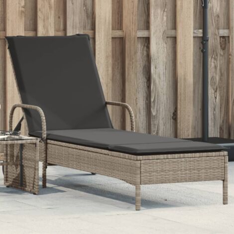Chaise longue avec roues et coussins-Bain de soleil gris clair résine tressée 156862