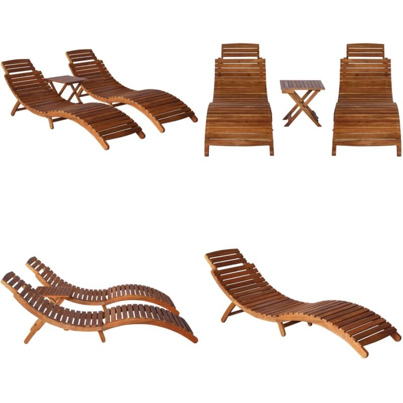 Chaise longue avec table à thé 3 pcs Bois d'acacia massif - Chaises Longues - Mobilier De Jardin - Salon De Jardin - Transats - Acacia - Home & Living