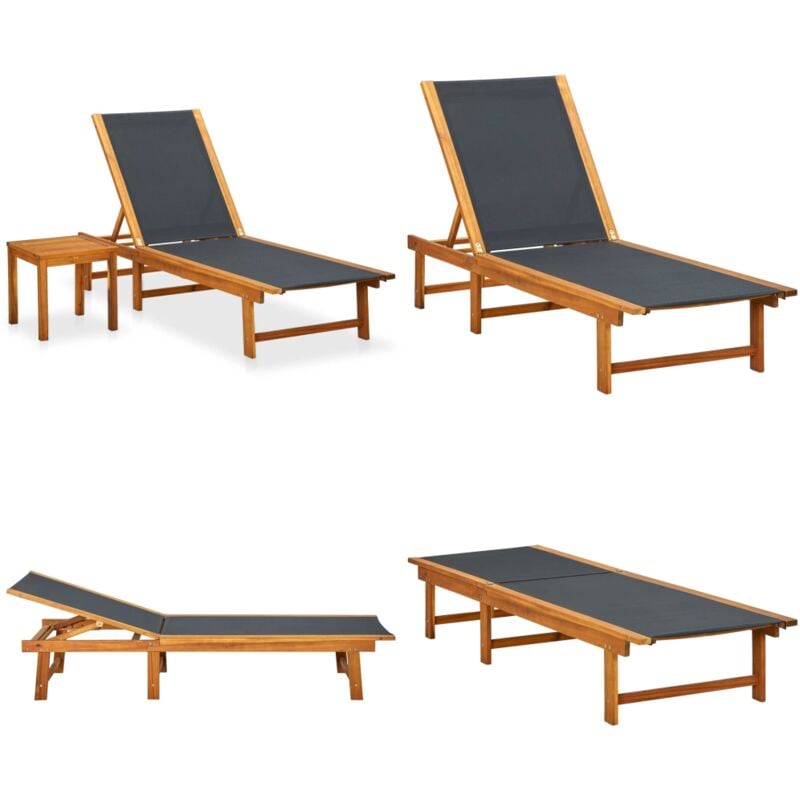 Chaise longue avec table Bois d'acacia solide et textilène - Chaises Longues - Mobilier De Jardin - Chaises Longues En Bois - Transats - Meubles De