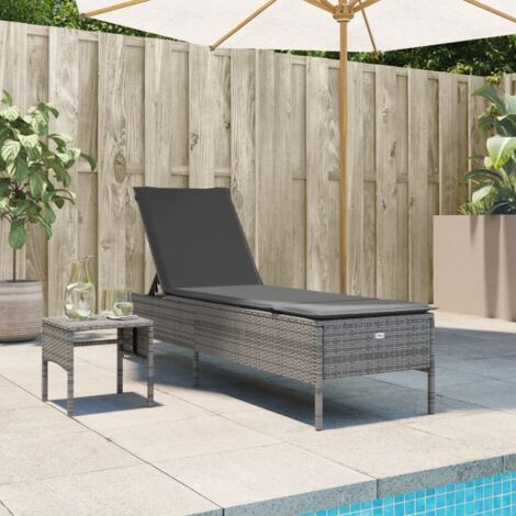 Chaise longue avec table et coussin-Bain de soleil-Transat de relaxation gris résine tressée 752519