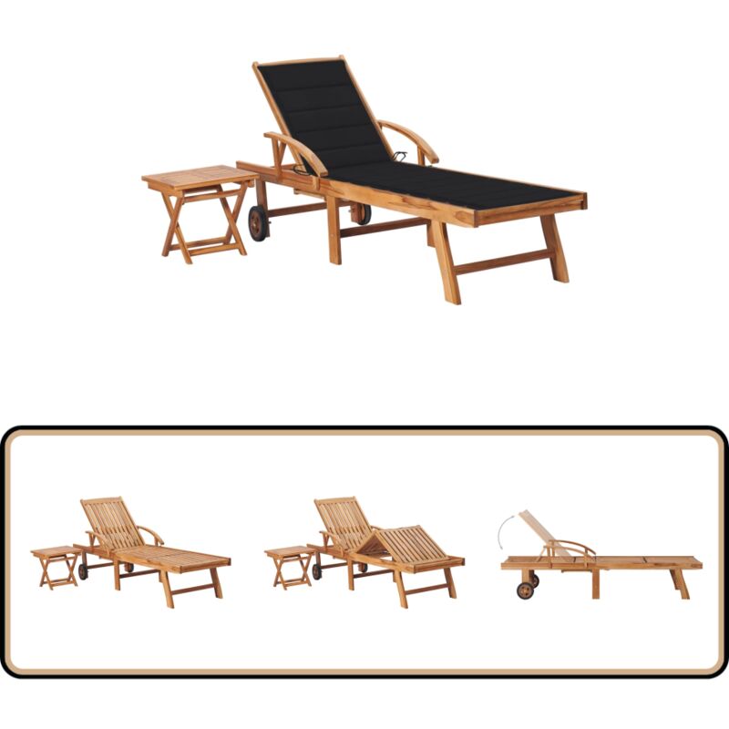 Chaise longue avec table et coussin Bois de teck solide - Chaise Longue - Bain De Soleil - Mobilier De Jardin - Teck - Chaise Lounge