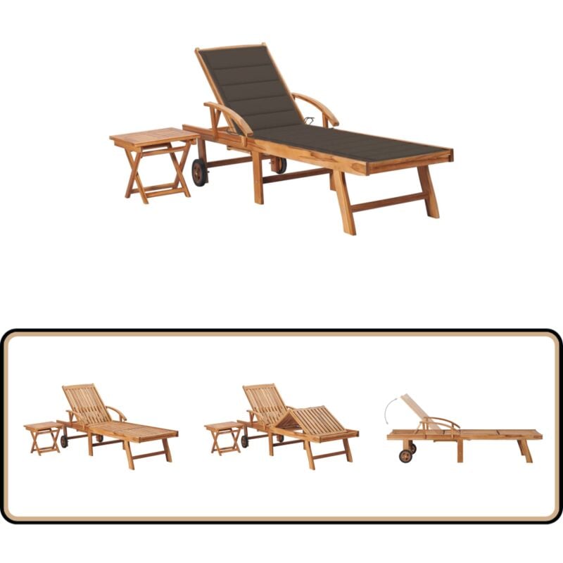 Chaise longue avec table et coussin Bois de teck solide - Chaise Longue - Mobilier De Jardin - Bain De Soleil - Teck - Chaise Lounge