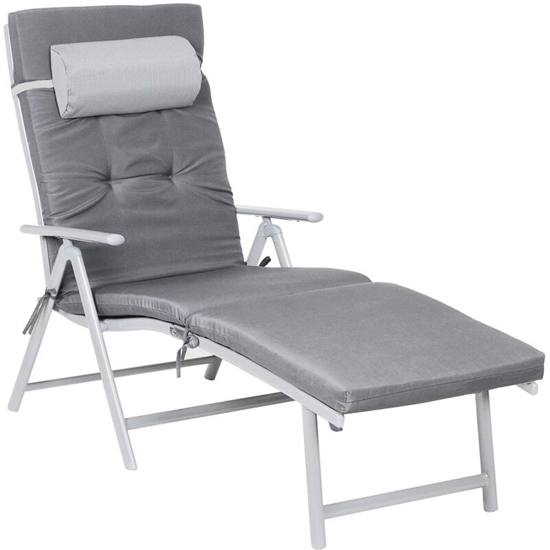 Chaise longue bain de soleil avec matelas d'une épaisseur de 6 cm appui tête amovible en alu anti rouille respirant inclinable charge max 150 kg gris