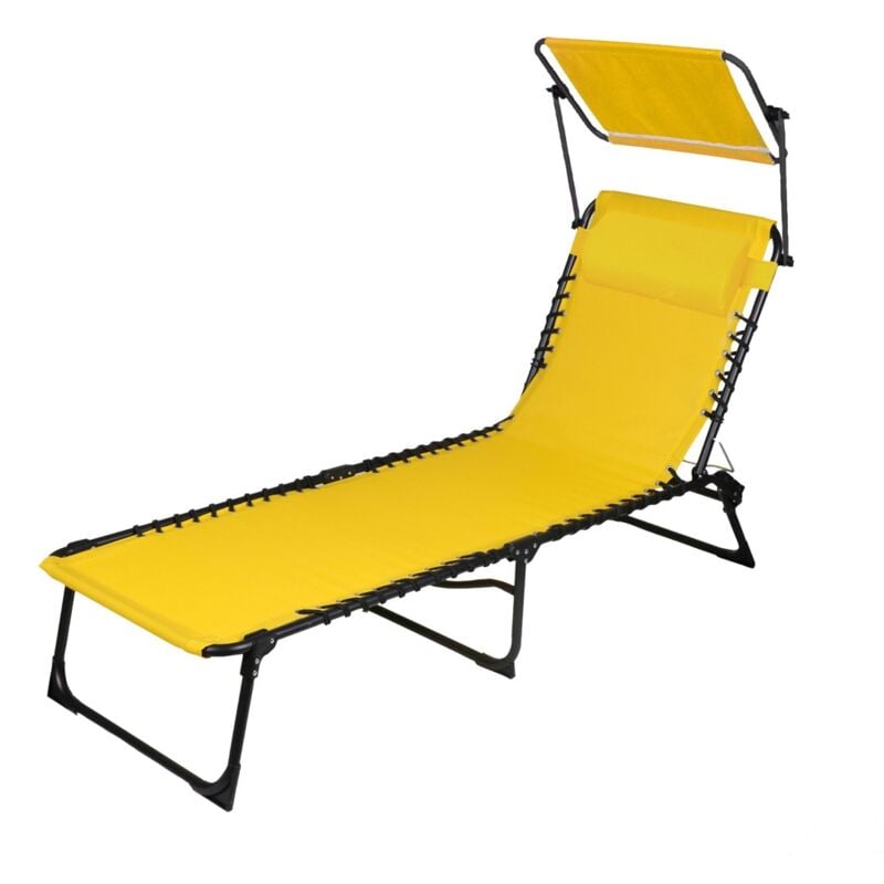 Meublorama - Chaise longue / Bain de soleil avec pare-soleil et coussin coloris jaune 187x85x56 cm