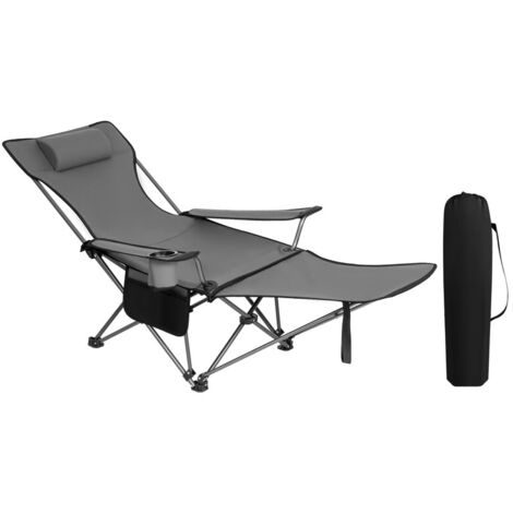 Chaise longue bain de soleil pliable, transat de camping et pêche, léger et confortable, avec appui-tête amovible et repose-pieds extensible, usage extérieur, dimensions 160 × 84 × 44 cm, gris