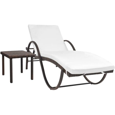 Chaise longue  Bain de soleil Transat avec coussin et table Résine tressée Marron 41584