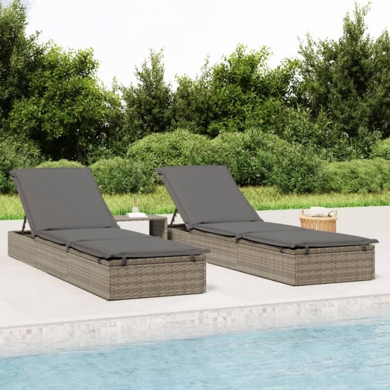 Chaise longue Bain de soleil Transat avec coussin gris 201x55x62 cm résine tressée 70516