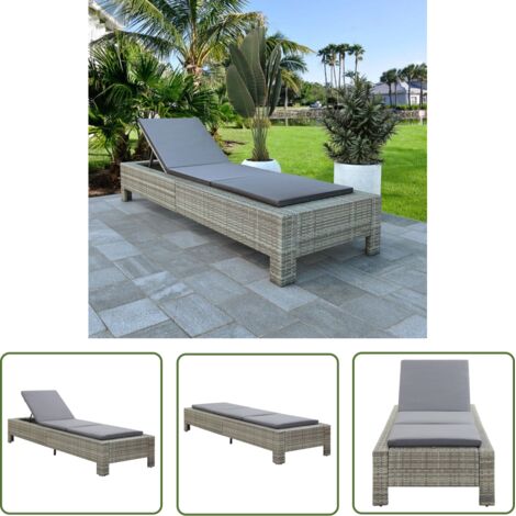 Chaise longue Bain de soleil Transat avec coussin Gris Résine tressée 34077