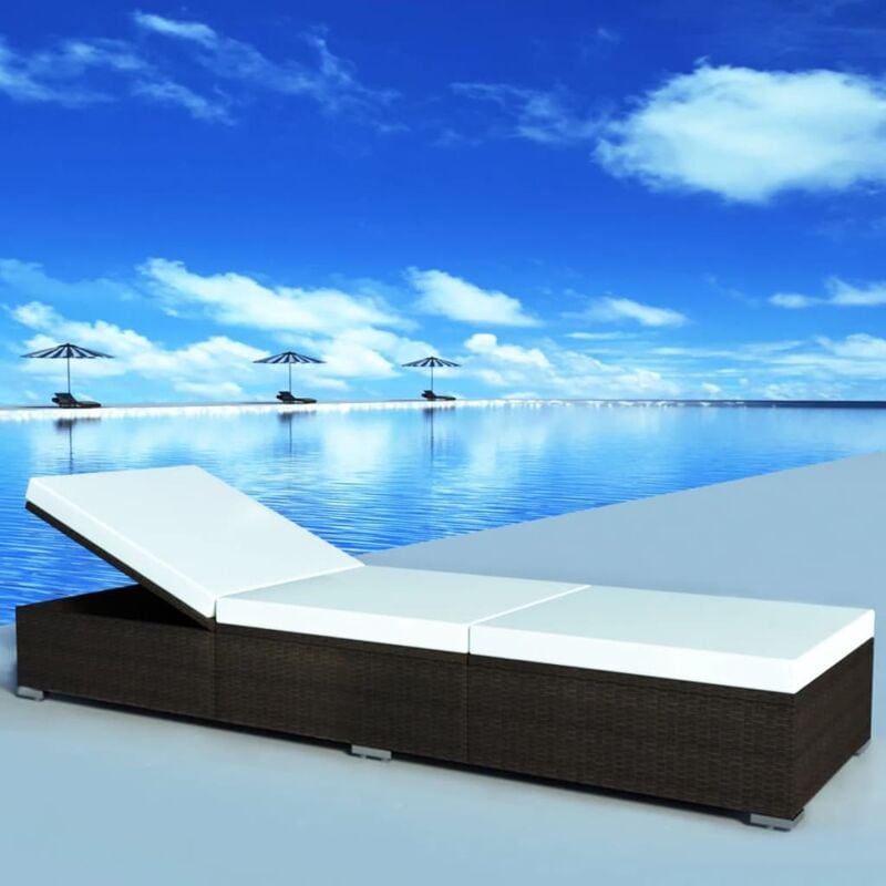 Chaise longue Bain de soleil Transat avec coussin Résine tressée Marron 90655