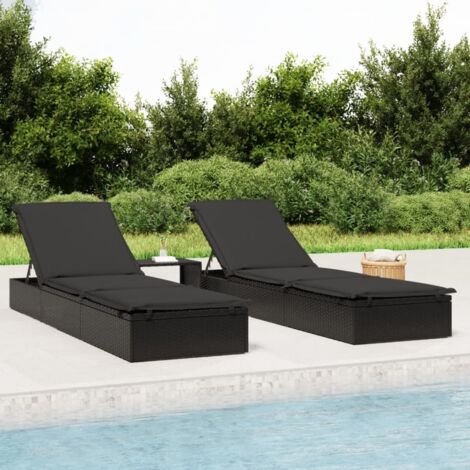Chaise longue-Bain de soleil-Transat de relaxation 1 pc avec coussin noir 201x55x62cm résine tressée 212117
