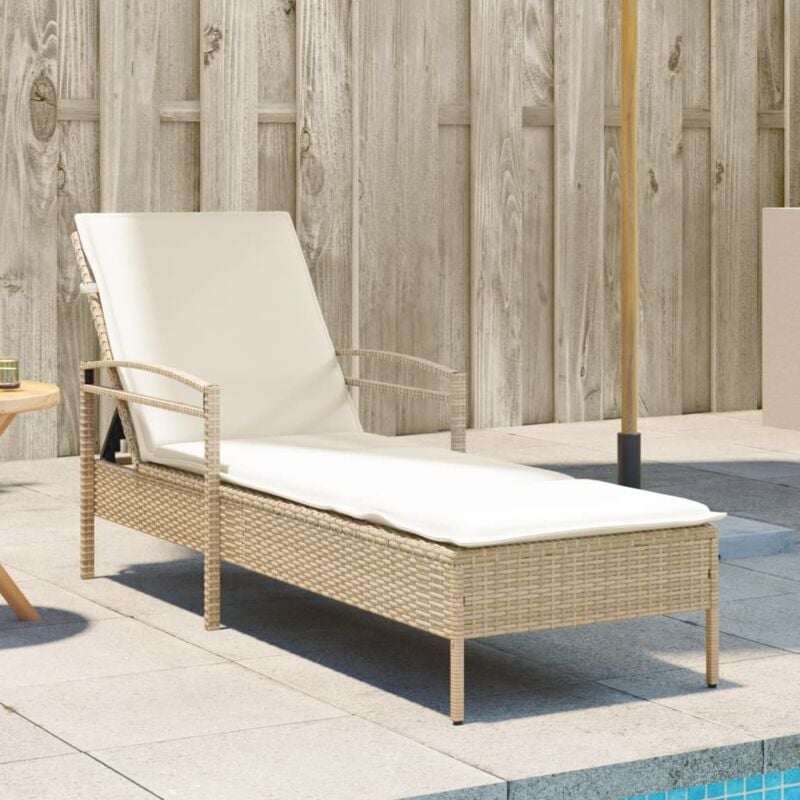 Chaise longue Bain de soleil Transat de relaxation avec coussin beige 63x200x81 cm résine tressée CFW86313