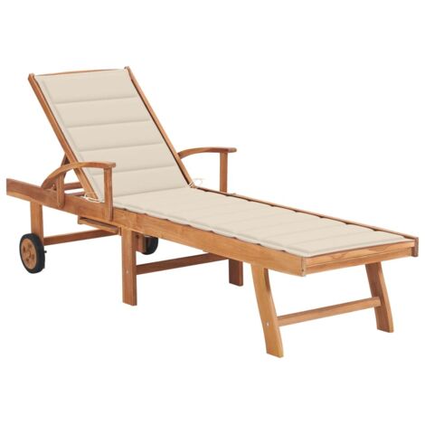 Chaise longue Bain de soleil Transat de relaxation avec coussin crème Bois de teck solide BSRHS996060