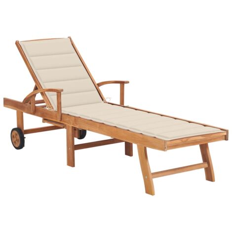 Chaise longue Bain de soleil Transat de relaxation avec coussin crème Bois de teck solide CFW304448